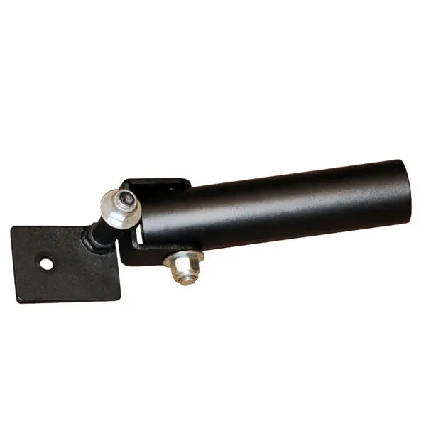 The Ironmaster Landmine Attachment is a black metal bracket with a cylindrical holder and square flat base, featuring two bolt fasteners, perfect for securing cylindrical objects to various surfaces.