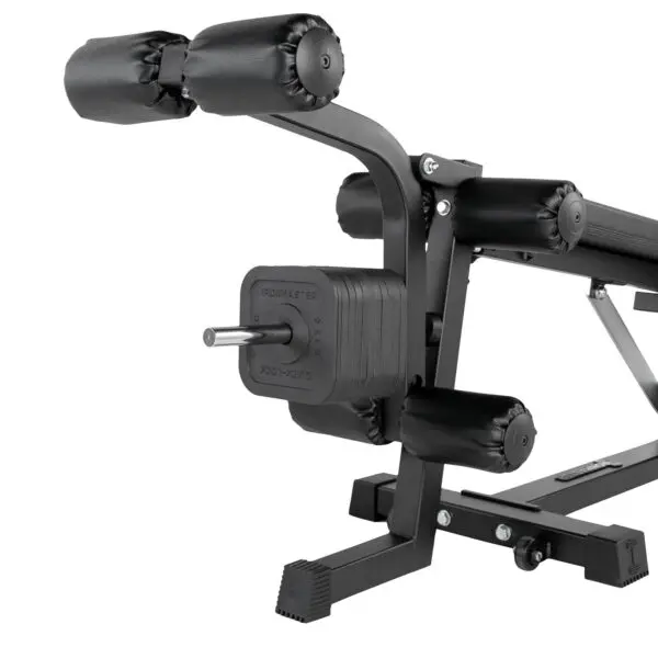 Close-up of the Ironmaster Leg Lift PRO, a black gym leg press machine with padded rollers and weight stack. It boasts a modern design with a sturdy metal frame and adjustable mechanism.