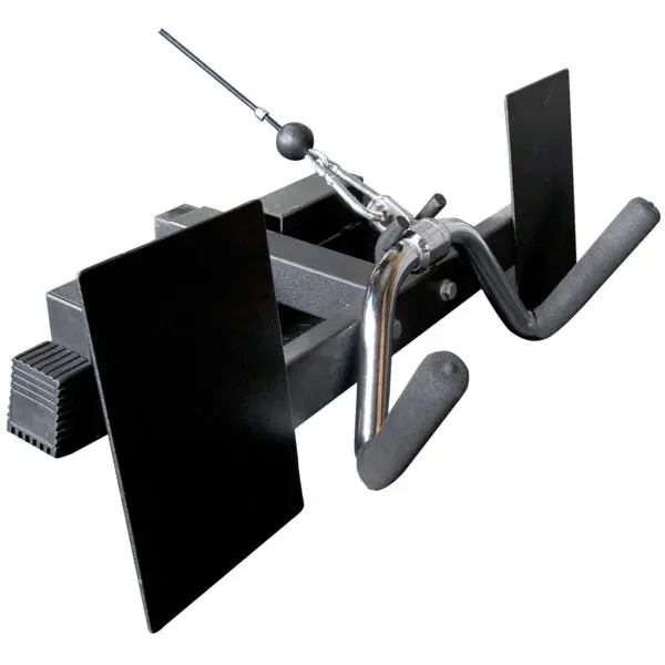 The Ironmaster Low Row Foot Plate, shown in black and silver, includes metal attachment points and padded footrests designed to secure your feet during rowing exercises.