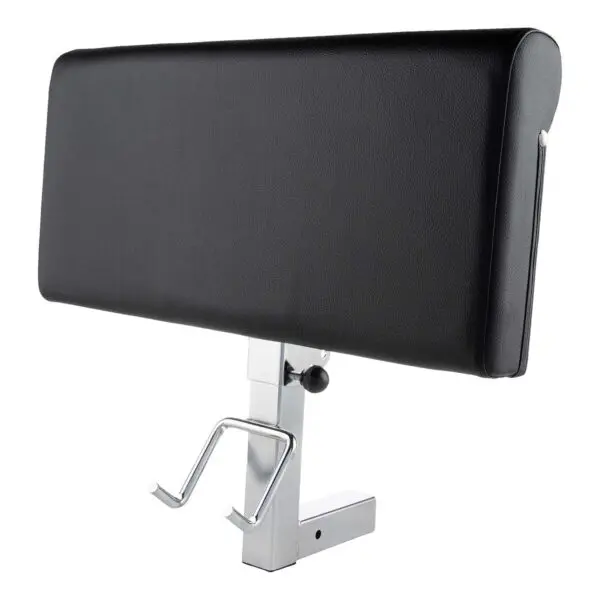 Ironmaster Preacher Pad comes with a black cushioned headrest, metal hooks, and an adjustable silver metallic base.