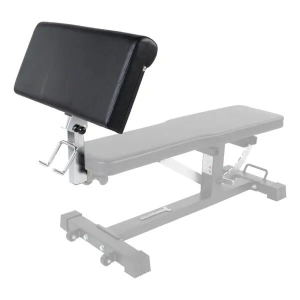 The Ironmaster Preacher Pad, shown against a plain white background, is attached to a weight bench with a sturdy metal frame and adjustable settings, ideal for various exercises.