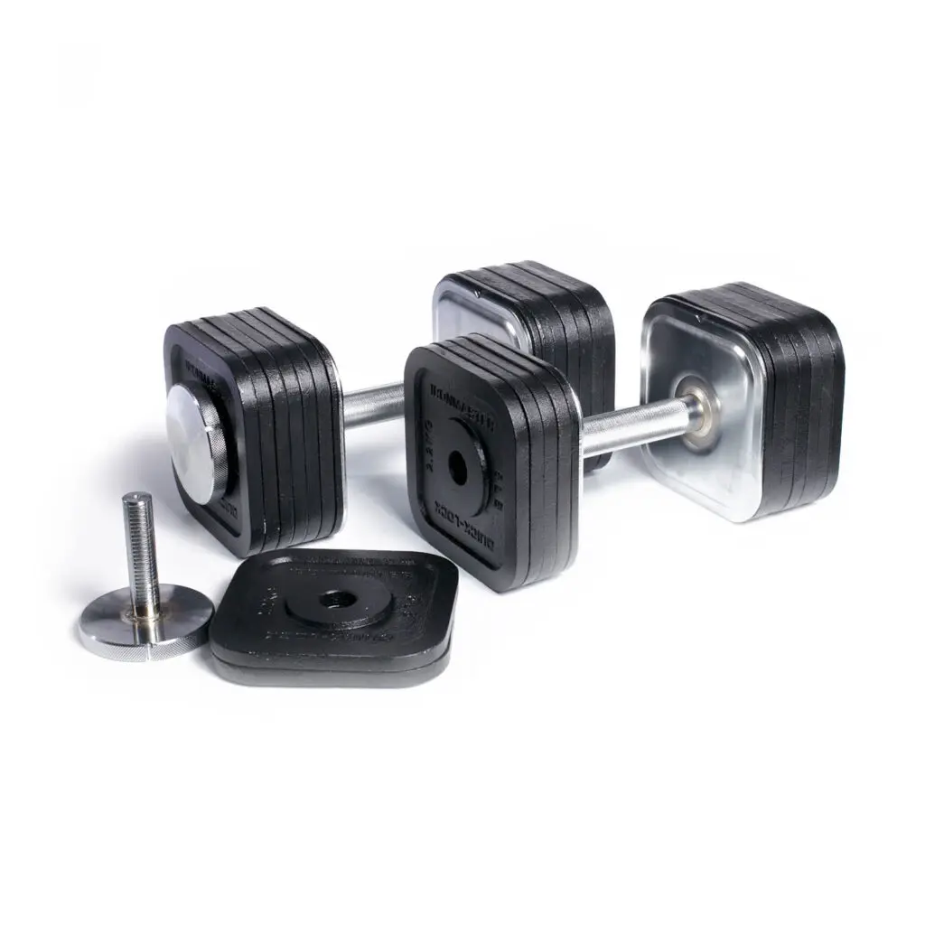 A pair of Ironmaster Quick-Lock Adjustable Dumbbells with square black plates and sleek silver handles—one fully assembled, the other with plates and a collar laid out—rests elegantly on a plain white background, highlighting its robust design.