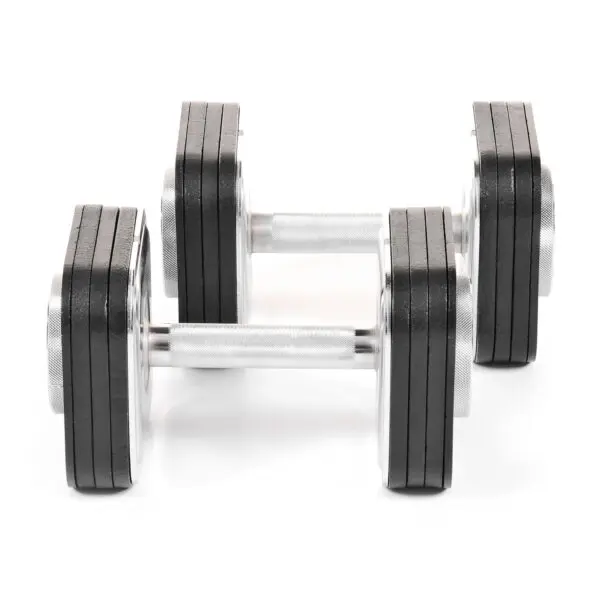 A pair of Ironmaster 45lb Adjustable Dumbbells with black plates and silver handles are placed side by side on a white background, each featuring five weight plates per side, highlighting their modern and sleek design.