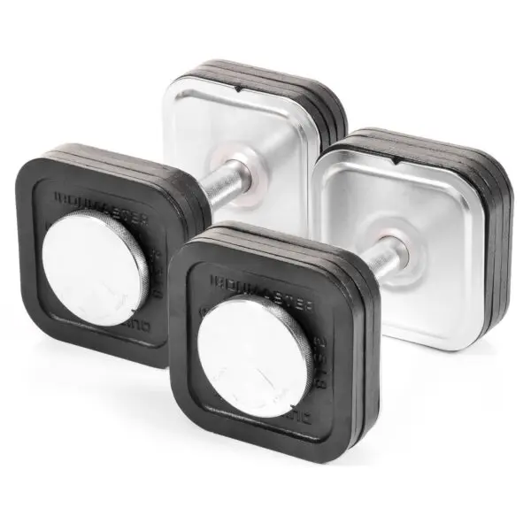 A pair of Ironmaster 45lb Adjustable Dumbbells with stacked plates on a white background, showcasing a shiny black and silver metallic design.