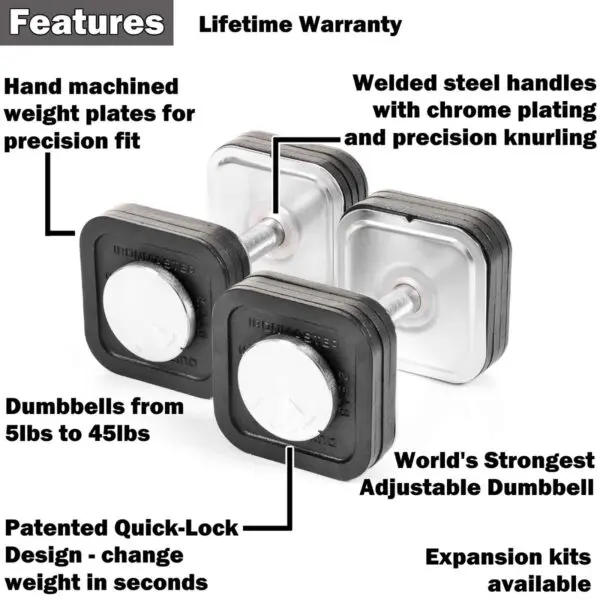 The Ironmaster 45lb Adjustable Dumbbells feature a sleek design with square weight plates, welded steel handles, and chrome plating for smooth transitions. Enjoy quick weight changes, expansion kits from 5 to 45 lbs., and peace of mind with a lifetime warranty.