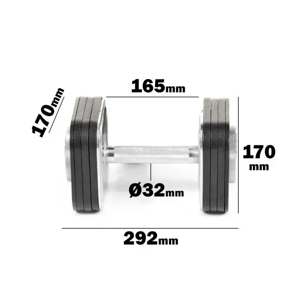 The Ironmaster 45lb Adjustable Dumbbell in black and silver measures 292mm in length, 170mm in height, 165mm in plate width, and has a handle diameter of Ø32mm. It is shown horizontally against a white background.