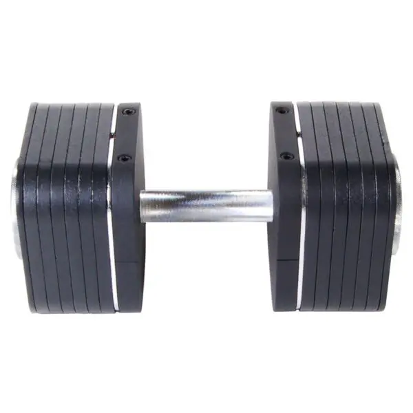 The Ironmaster Heavy Handle Kit, featuring a sleek black design with a silver handle, offers a stackable weight system for personalized resistance. Positioned against a white background, it highlights its versatile and space-saving features.