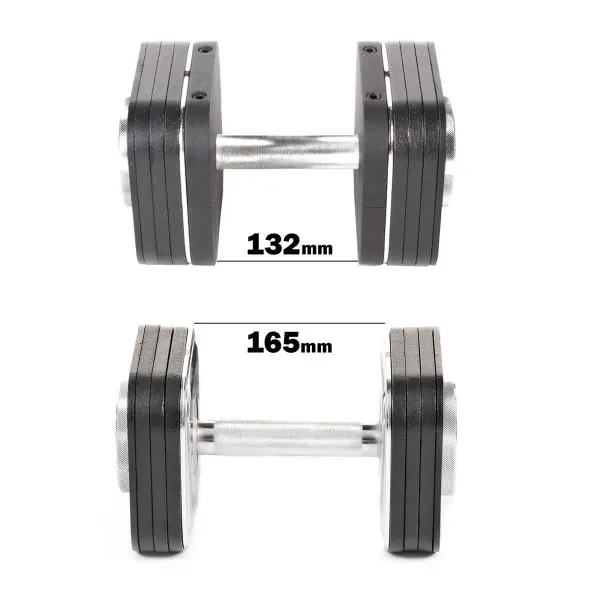 Two Ironmaster Heavy Handle Kit dumbbells with precise dimensions—132 mm wide at the top and 165 mm at the bottom—feature neatly stacked weights on each end of a metallic handle, offering versatile size configurations for your workout.