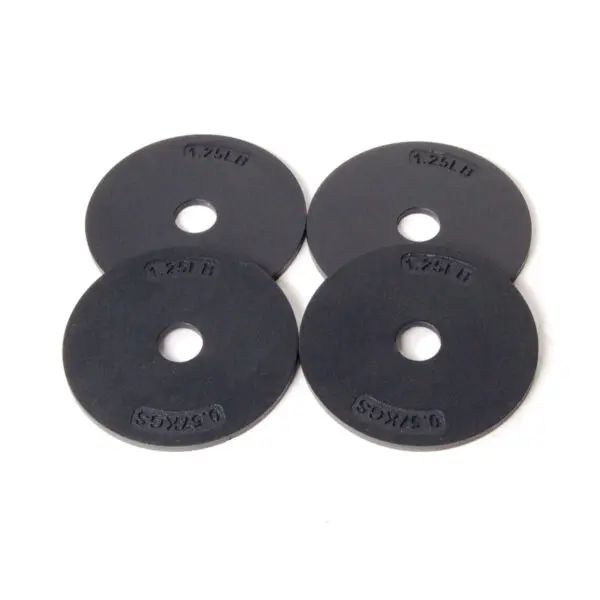 Four black weight plates, each labeled 1.25 LB, are arranged in a square pattern on a white backdrop, enhancing the sleek Ironmaster Heavy Handle Kit design.