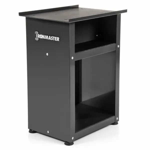 The Ironmaster Quick Lock Dumbbell Stand in black features a sleek, minimalist design with two sturdy metal shelves to complement your Ironmaster adjustable dumbbells, displaying the brand logo prominently on the upper left corner.