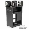 The Ironmaster Quick Lock Dumbbell Stand, in sleek black, supports adjustable dumbbells on top and a kettlebell handle in the lower compartment. Text on the image reads, Dumbbells & Kettlebell Handle sold separately.