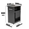 The Ironmaster Quick Lock Dumbbell Stand is a black equipment stand with two shelves, measuring 660mm in height, 368mm in depth, 530mm top width, 480mm middle width, and 380mm top depth. Sturdy and functional, its perfect for home gyms.