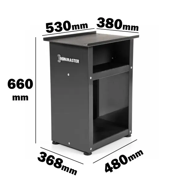 The Ironmaster Quick Lock Dumbbell Stand is a black equipment stand with two shelves, measuring 660mm in height, 368mm in depth, 530mm top width, 480mm middle width, and 380mm top depth. Sturdy and functional, its perfect for home gyms.