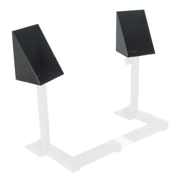 The Ironmaster Dumbbell Spotting Stand BASE features black, triangular metal brackets on silver adjustable stands, connected by a horizontal base bar, offering a minimalistic and functional design ideal for supporting objects.
