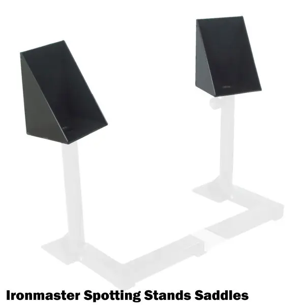 Image of Ironmaster Dumbbell Spotting Stand BASE, showing two black saddles on metal stands set on a rectangular base for supporting weightlifting bars.