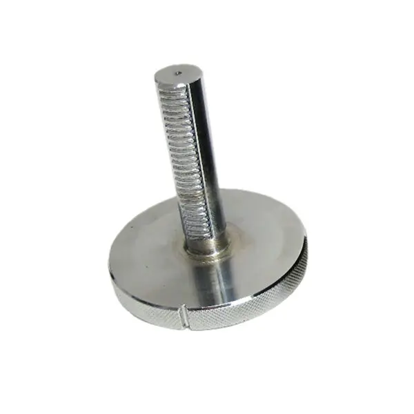 A shiny, silver Standard Kettlebell Locking Screw features a metal cylindrical body with a threaded vertical rod atop a flat, circular base with textured edges for grip.