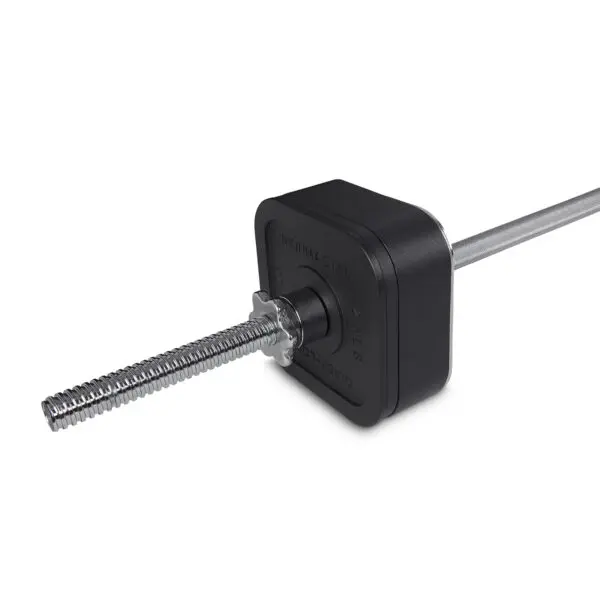 Close-up of the Ironmaster Straight Barbell featuring a square black weight plate and a shiny silver threaded metal rod.