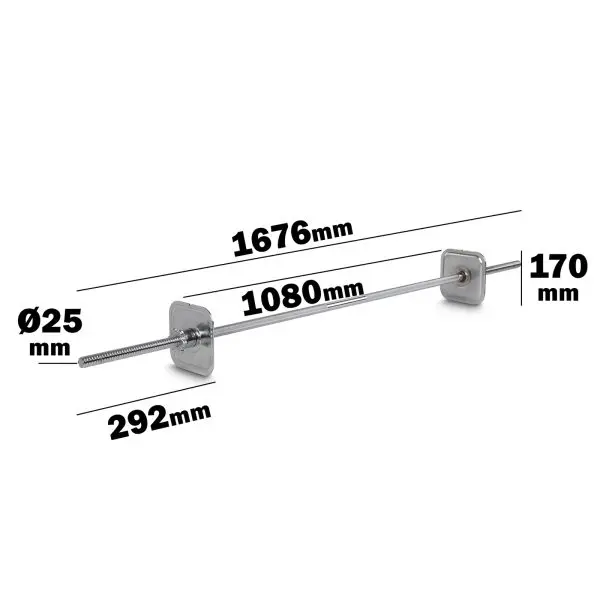 Image of the Ironmaster Straight Barbell with two square end plates. Measurements are labeled: total length 1676mm, central section 1080mm, left section 292mm, right section 170mm, and diameter Ø25mm.