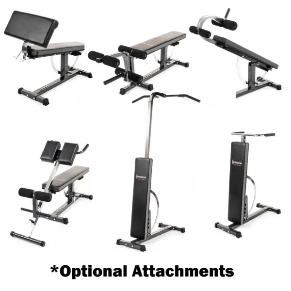 A collage of gym equipment features the Ironmaster Super Weights Bench alongside various exercise stations, each targeting different fitness exercises. Text below reads *Optional Attachments.
