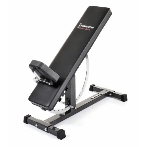 An Ironmaster Super Weights Bench with a black padded seat and backrest on a metal frame, featuring its logo. It is positioned at an incline against a white background.