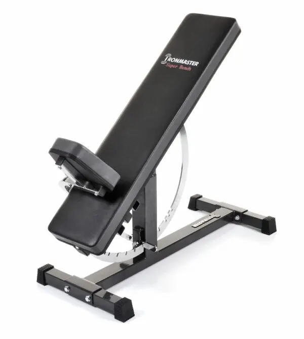 The Ironmaster Super Weights Bench is a black adjustable bench with a padded surface and metallic frame. It offers multiple incline settings and sturdy legs for stability, perfect for home or gym workouts.