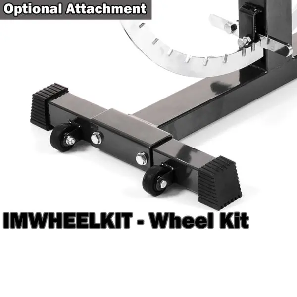 Close-up of a black IMWHEELKIT wheel kit with two small wheels and an attached bracket. The text reads Optional Attachment. Ideal for enhancing the mobility of your Ironmaster Super Weights Bench.