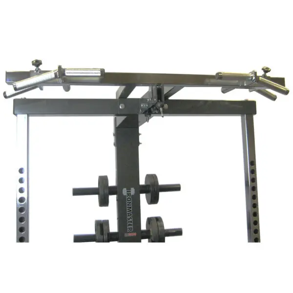 An Ironmaster Ultimate Chin Up Attachment for IM2000 offers steel components with adjustable arms and multiple weights on racks, labeled Ironmaster at the center, set against a plain white background.
