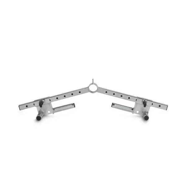 The Ironmaster Ultimate Row Handle is a silver, Y-shaped adjustable lifting attachment with two perpendicular grip handles. It features multiple adjustability holes and a central circular connector for attaching to larger apparatus.