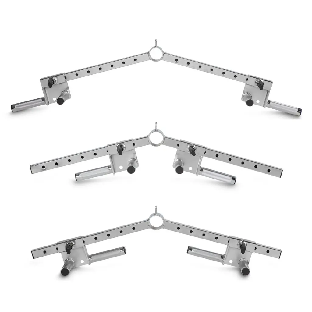 The Ironmaster Ultimate Row Handle consists of three adjustable metal beams with drilled holes and mounting arms in a symmetrical pattern. Each beam includes movable sliders and a central circular connection point, ideal for structural or mechanical assembly use.