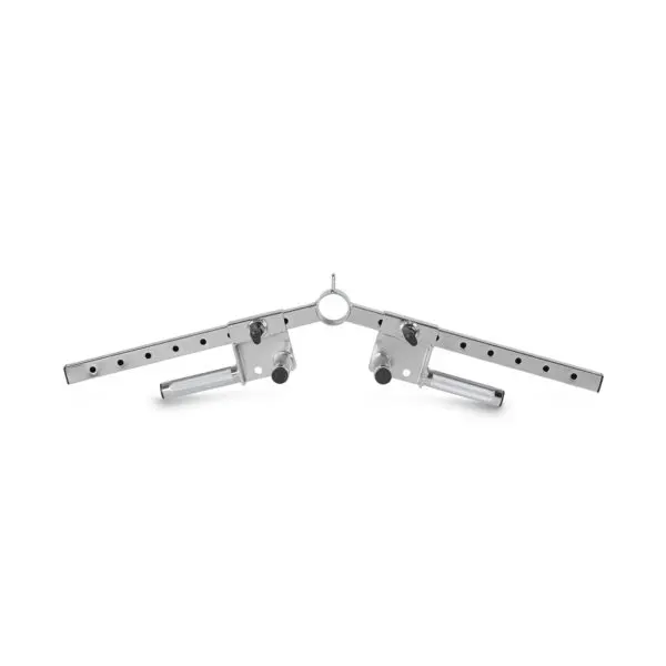 The Ironmaster Ultimate Row Handle is a metal tool featuring two adjustable arms linked by a central ring, with each arm having multiple holes and ending in a cylindrical handle.