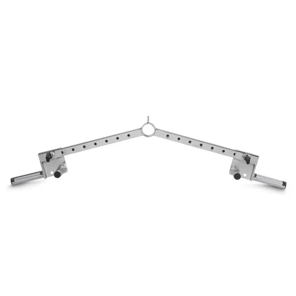 The Ironmaster Ultimate Row Handle is a metal spreader bar featuring a central ring, adjustable holes for versatile rigging or support, and two extending arms equipped with end caps and knobs for easy adjustments.