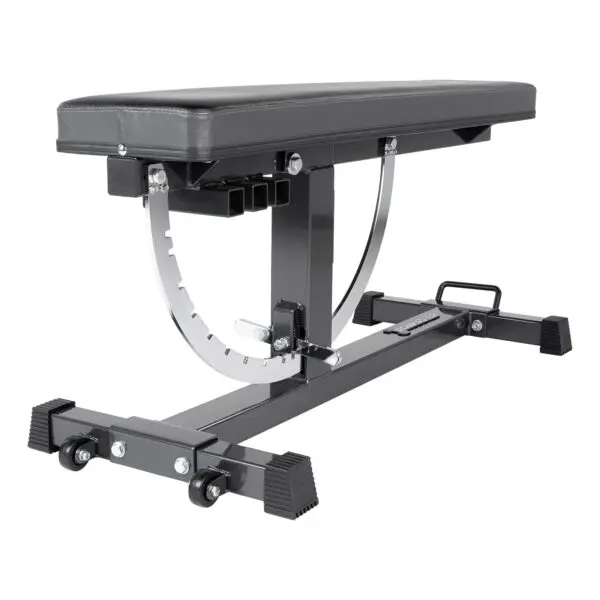 The Ironmaster Wheelkit for Super Bench is a black adjustable weight bench featuring a padded seat, metal supports, rubberized feet, a chrome adjustment mechanism on the side, and wheels for easy mobility.