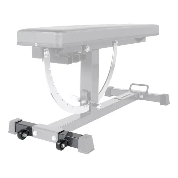 The Ironmaster Wheelkit for Super Bench is an adjustable weight bench with a padded seat and backrest, featuring a steel frame with an incline adjustment mechanism and two wheels for easy movement.