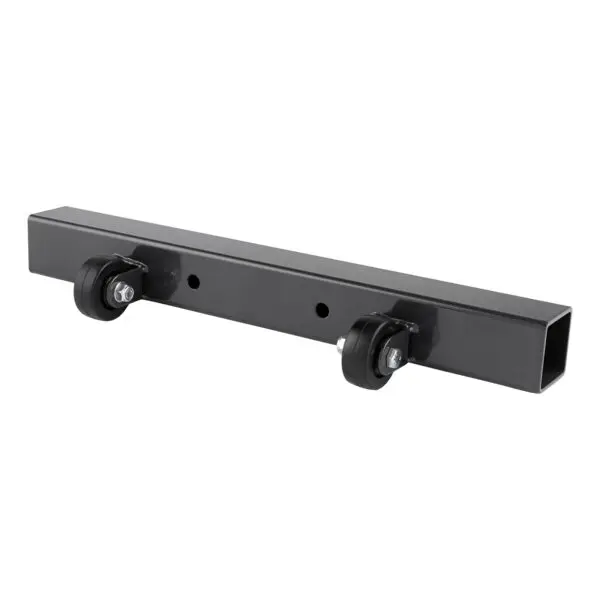 The Ironmaster Wheelkit for Super Bench is a black rectangular metal bar with two black caster wheels attached at each end, featuring multiple holes for mounting against a plain white background.