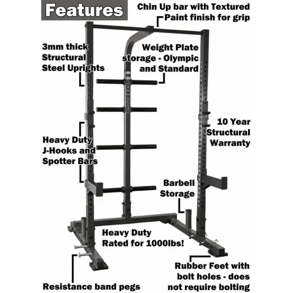 Image of the IM1500 Ironmaster Half Rack showcasing features: chin-up bar, 3mm steel uprights, heavy-duty J-hooks, resistance band pegs, weight plate and barbell storage, bolt-free rubber feet. Rated for 1000 lbs with a 10-year structural warranty.