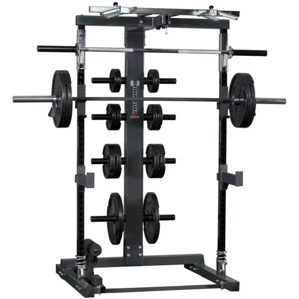 The Ironmaster IM2000 Spotter Arms offer a versatile weightlifting and strength training setup with adjustable barbells and weight plates. This sturdy metal-framed power rack features various attachments for multi-functional workouts.