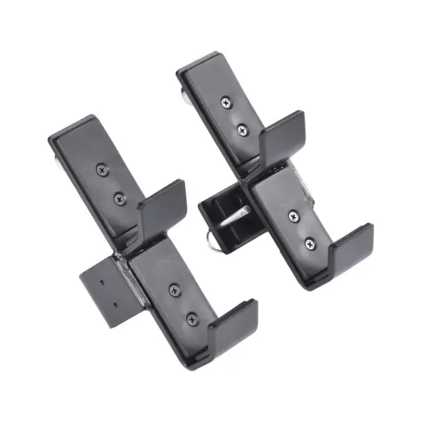 Two Ironmaster IM2000 J-Hooks, black metal brackets with angled arms and two screws each, designed for mounting or holding objects, positioned against a plain white background.