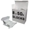 A large white chalk box labeled 8 x 50g Blocks sits with its lid open. Two smaller opened packages reveal white powder blocks perfect for gym chalk use, placed in front of the box.