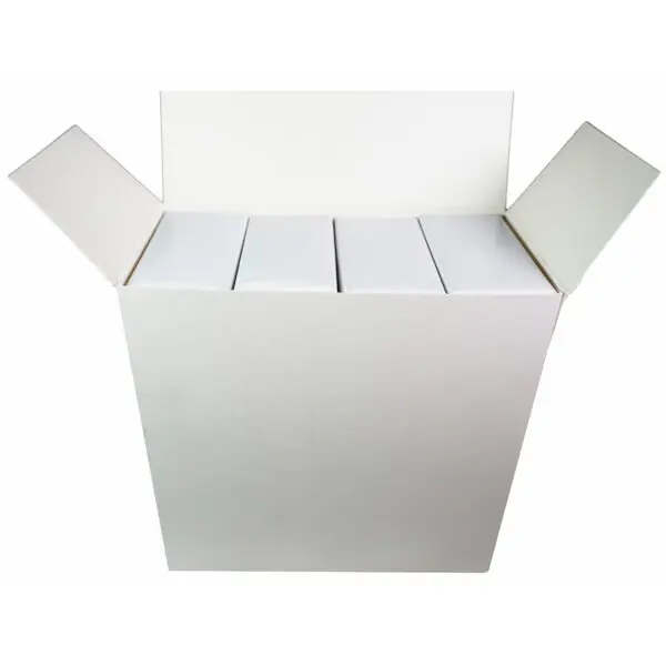 An open white cardboard box containing four neatly arranged smaller chalk boxes, viewed from above, with the flaps folded outward. The plain white background emphasizes the clean and minimalistic design. Perfect for organizing gym chalk for your next workout session.