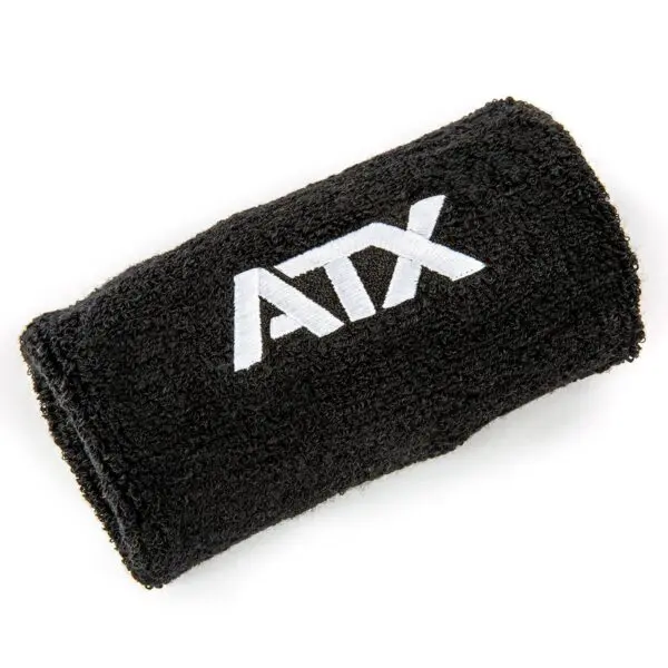 The Kettlebell Wrist Guard is a soft, absorbent black wristband with ATX embroidered in white, ideal for athletic use.