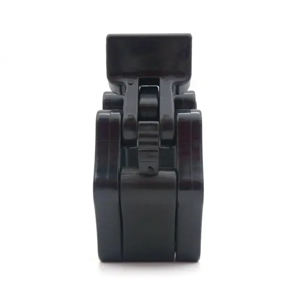Viewed from the front, this small black plastic clip-on table fan features a circular base and adjustable hinge mechanism, offering precision and a secure grip similar to Olympic Lock Jaw Collars.