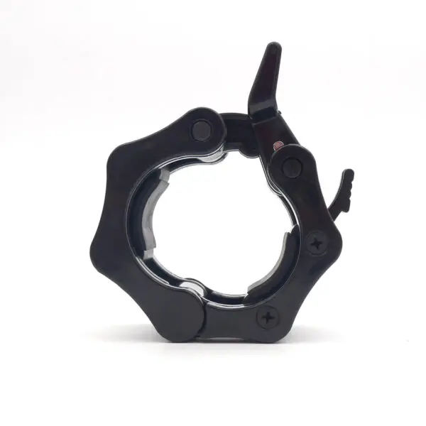 A metallic black Olympic Lock Jaw Collar with multiple hinges and a lever secures objects. It features a circular opening and two visible screws, set against a plain white background.