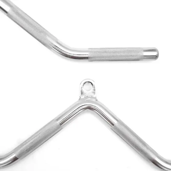 Close-up of an Arm Bar against a white background. One handle is straight, while the other is V-shaped with a center loop. Both feature textured grips.