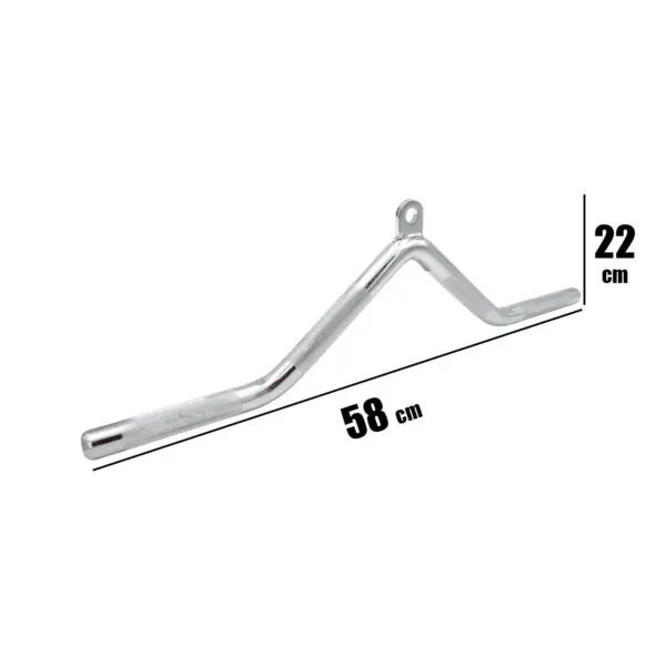 The Arm Bar is a silver, V-shaped metal exercise handlebar measuring 58 cm wide and 22 cm high, featuring a small loop at the top for gym equipment attachment.
