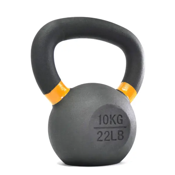 A black 10kg kettlebell with an orange handle displays its weight markings of 10KG and 22LB.