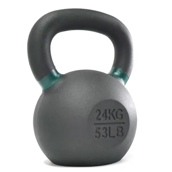 A grey 24kg Kettlebell with a black handle, green accents, and displays 53 LB.