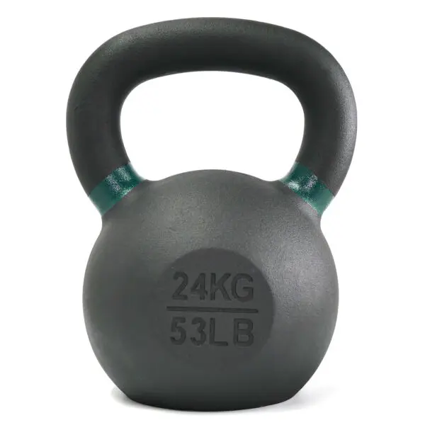 The 24kg Kettlebell, black with a green stripe near the handle, is shown against a white background.