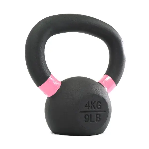 A black 4kg kettlebell with a pink grip shows weight markings 4 KG and 9 LB on its side.