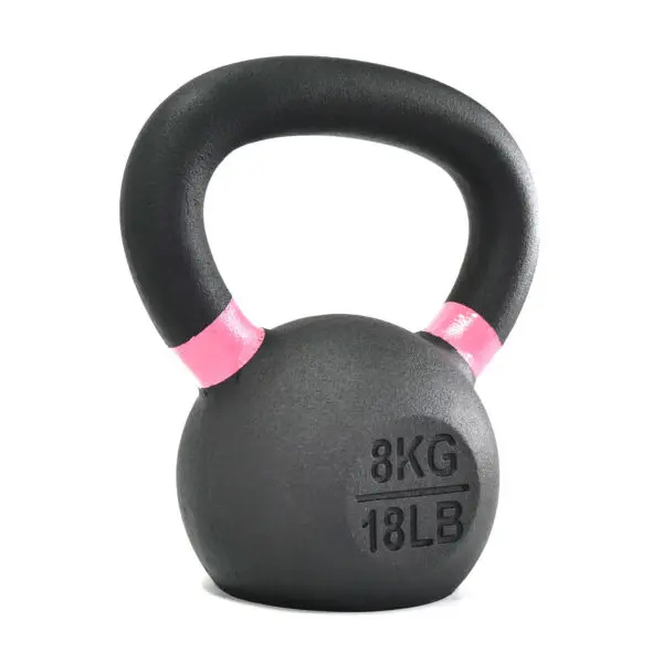 The 8kg Kettlebell is black with pink accents, features a rounded handle, and is marked with 8 KG and 18 LB in white text.