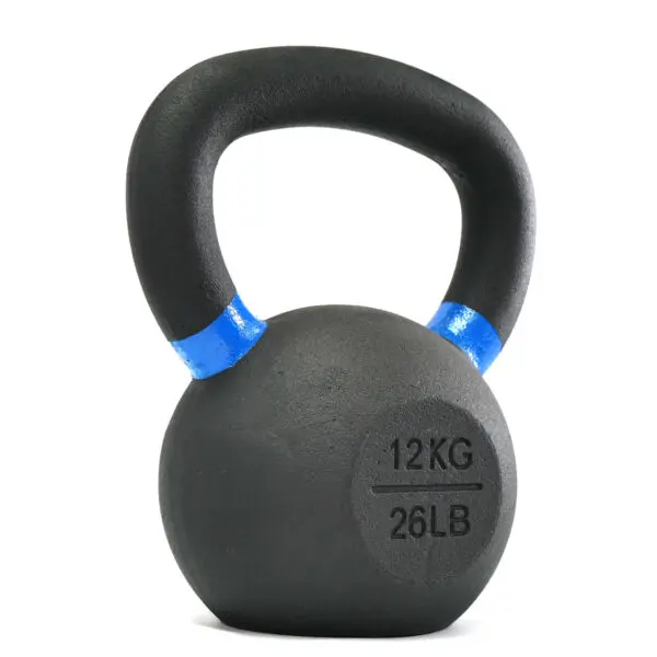 The 12kg Kettlebell, featuring a black finish with a blue-striped handle, weighing 26 pounds, is set against a plain white background.